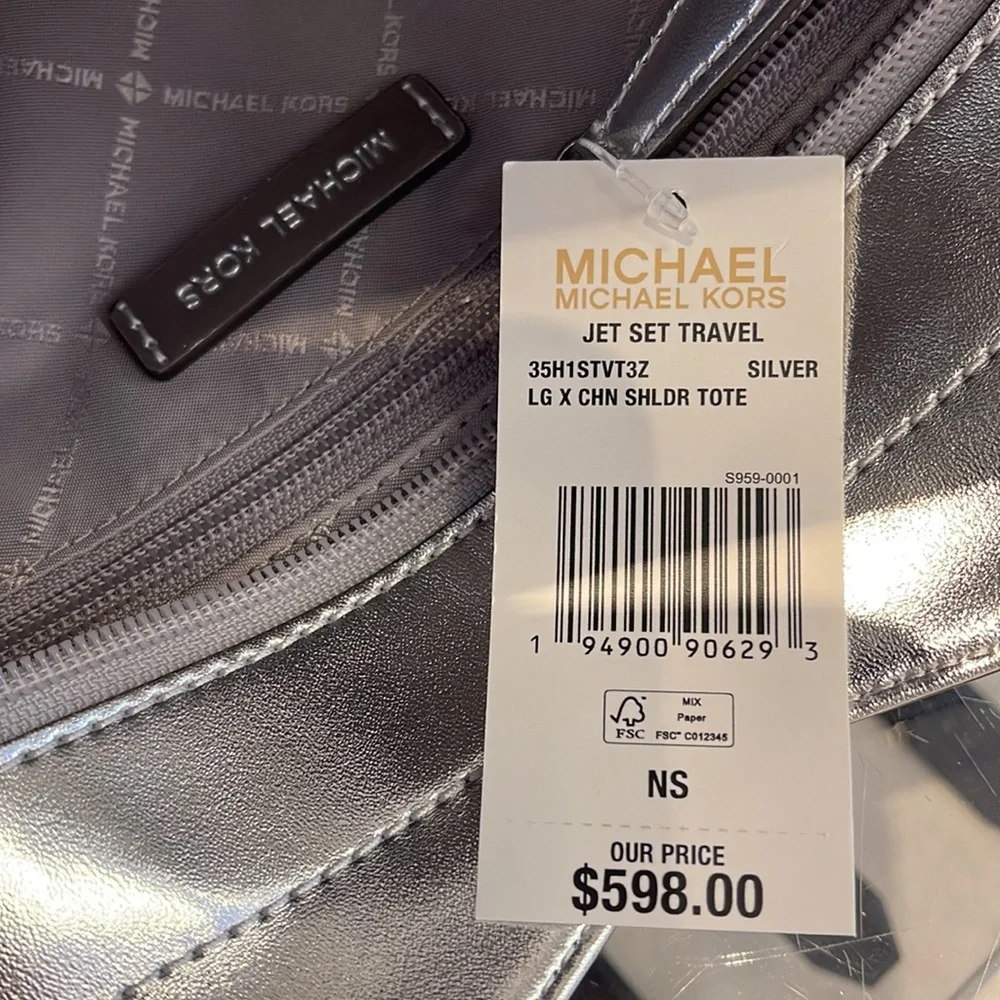Michael Kors Jet Set Travel Large Chained Tote Shoulder Bag MK  Silver  NWT